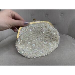 Vintage White Beaded Sequin Evening Clutch Bag Gold Kisslock Japan 5 X 6.5in